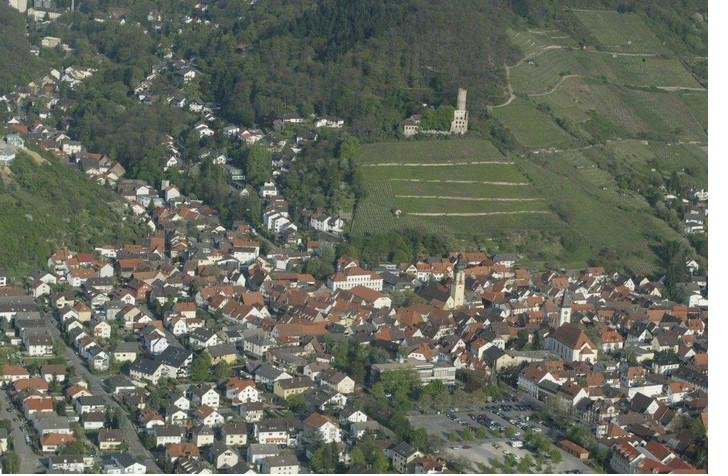 Blick über Schriesheim mit Weinbergen und Strahlenburg